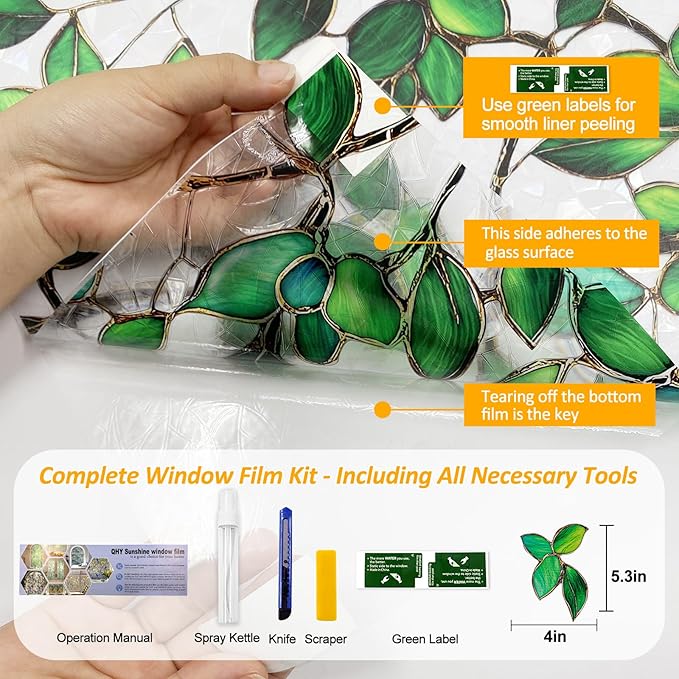 Window Privacy Film Stained Glass Window Film Rainbow Window Film Window clings Non-Adhesive Reusable Decorative for Room(Green Rainbow, 45.2 X 78.7 in)