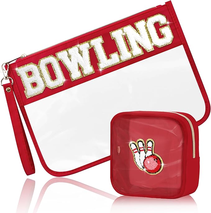 2 Pcs Bowling Gifts Makeup Bag with Chenille Letter Patch, Clear Cosmetic Pouch PVC Organizer Purse, Waterproof Travel Bag, Portable Toiletry Storage Bag for Her Girls Friends Women