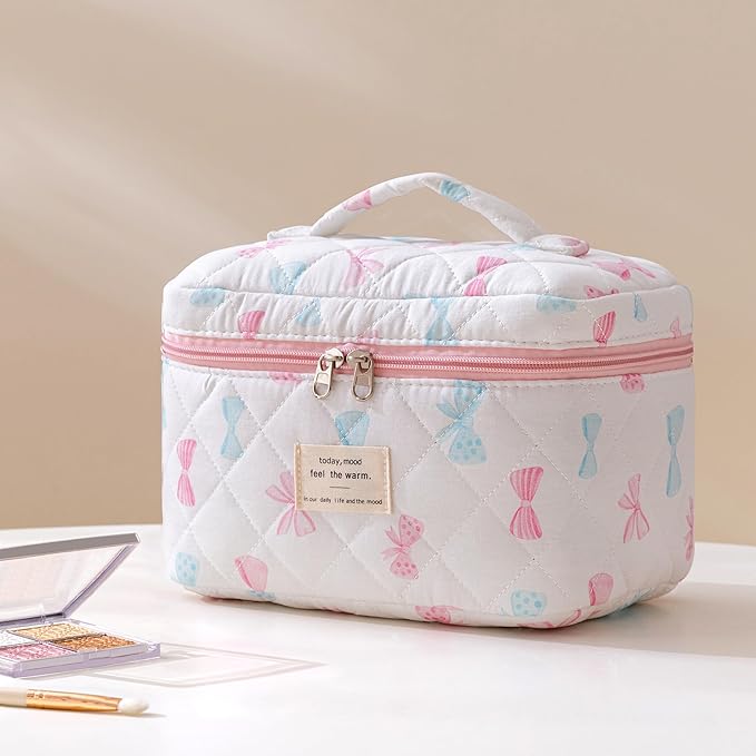 HBselect Quilted Makeup Bag, 3PCS Cotton Large Travel Makeup Bag, Cute Floral Coquette Make up Bag Cosmetic Bag Toiletry Bag for Women Girls