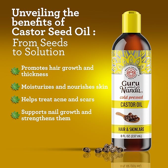 GuruNanda Castor Oil (8 Fl oz), 100% Pure & Natural - Cold Pressed & Hexane-Free, Hydrating Carrier Oil for Skin, Hair, Eyebrows & Eyelashes Growth