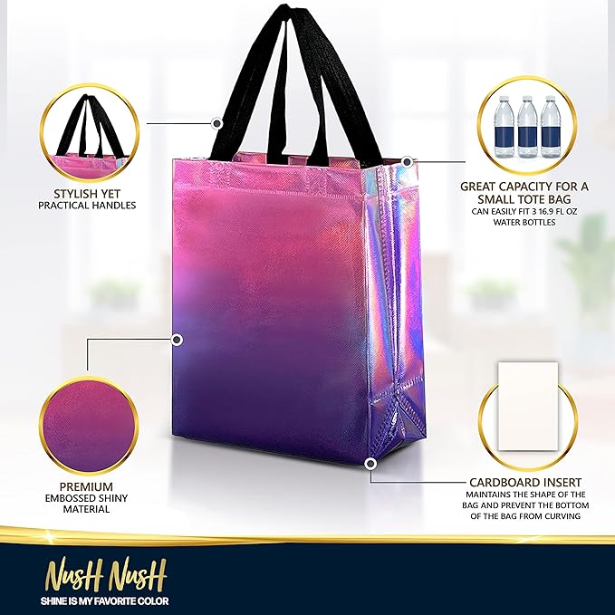Nush Nush Holographic Reusable Gift Bags Medium Size – Set of 12 Gradient Pink & Purple Gift Bags With Handles - Colorful Party Favor Bag for Birthday Party Favors, Halloween, Christmas - 8x4x10