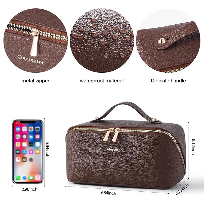 Makeup Bag, Travel Toiletry Bag for Women, Large Capacity Waterproof Crocodile Pattern PU Leather Cosmetic Bags Make Up Organizer Bags with Headband and Wristband Set (Khaki)