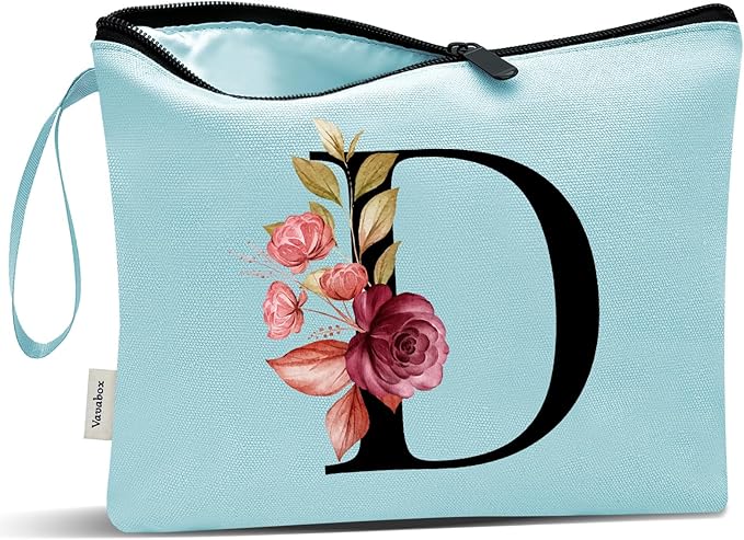 Vavabox A-Z Personalized Makeup Bag, Birthday Gifts for Women Mom, Gifts for Best Friend, Bride Bridesmaid Cosmetic bag (D, Green)
