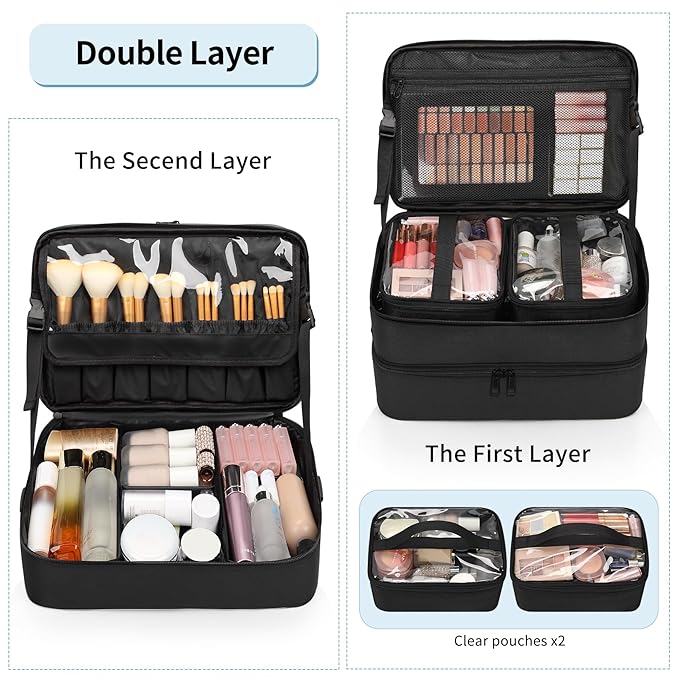 Large Makeup Train Case with Makeup Travel Bag and 4 Clear Makeup Bags for Hairstylist, Hairdresser Bag with Detachable Pouch,Heat Insulation Anti-scalding for Hairdressing Organizer Big wheels