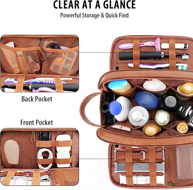Travel Toiletry Bag for Men, Large Hanging Toiletries Organizer Bags, Cruise Ship Essentials, Water-resistant Shaving Case, PU Leather Makeup Accessories, Cosmetic Dopp Kit, Brown