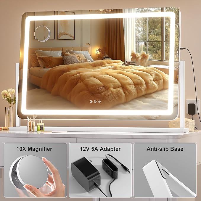 Hasipu Vanity Mirror with Lights, 40" x 29" LED Makeup Mirror, Light up Mirror with 10X Magnification and Phone Holder, USB Charging Port, Smart Touch 3 Colors Dimmable (White)