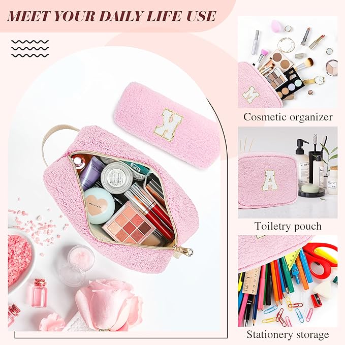 2PCS Makeup Bag with Initials, Christmas Day Gifts for Teen Girls Trendy Stuff, Personalized Cosmetic Travel Bag Pouch for Granddaughter, Cute Plush Make up Bags for Birthday - Pink L