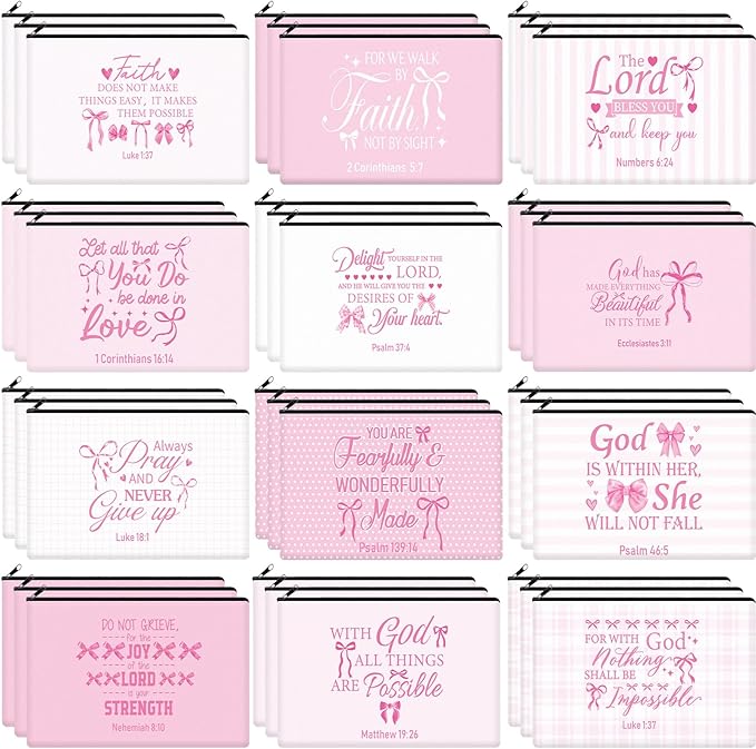 Hillban 36 Pcs Christian Gifts for Women Christian Pink Bow Makeup Bags Bible Verse Cosmetic Bag Inspirational Pencil Case with Zipper Coquette Bowknot Travel Organizer Pouch for Wedding Bachelorette