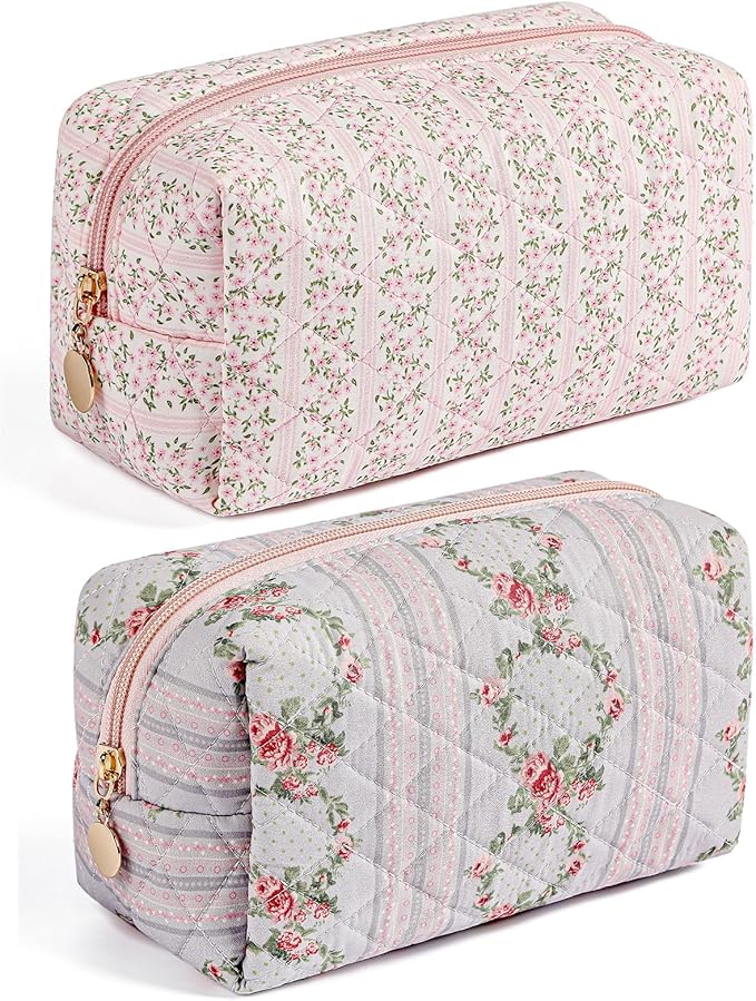 Makeup Bag Travel Cosmetic Bag for Women Girls, Zipper Make Up Pouch, Floral Flowers Toiletry Organizer Makeup, Portable Storage Bag, Cosmetic Travel Cloth Bag (Pink+Blue)