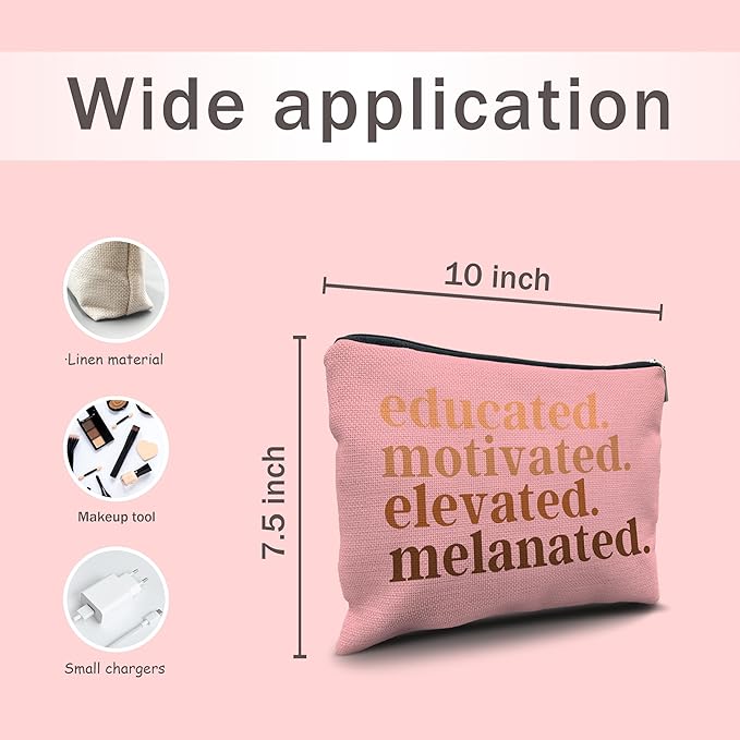 Nogrit African American Gifts,Black Women Gifts,Educated Motivated Elevated Melanated,Black Women Makeup Bag Cosmetic Bag, Melanin Makeup Travel Toiletry Bag,gifts for African American women/pink