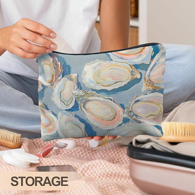 Abstract Blue Oyster Beach Makeup Bag, Oyster Gifts Cosmetic Bags for Women, Gifts for Beach Ocean Lovers, Coastal Pastel Oysters Shell Zipper Makeup Pouch