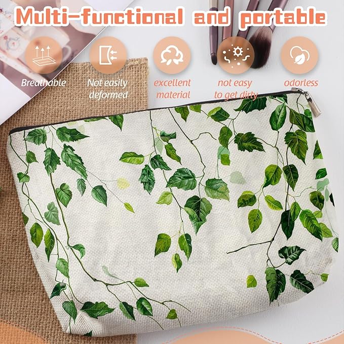 Makeup Bag Travel Cosmetic Bags Small Makeup Case Waterproof Zipper Pouch for Women Girls 7X9inches - Green Ivy Leaves Cascading on White