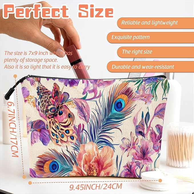 Cosmetic Bags Travel Makeup Toilet Case Waterproof Pouch for Women Girls 6.7X9.45inches - Gorgeous Floral - Peacock Tapestry