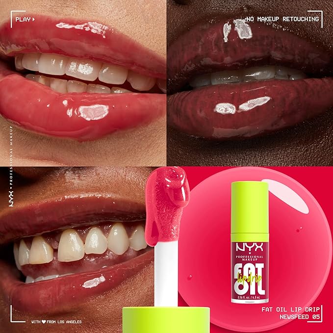 NYX PROFESSIONAL MAKEUP Fat Oil Lip Drip, Moisturizing Lip Oil Gloss, Vegan Tinted Formula, Up to 12 HR Hydration - Newsfeed (Rose Nude)