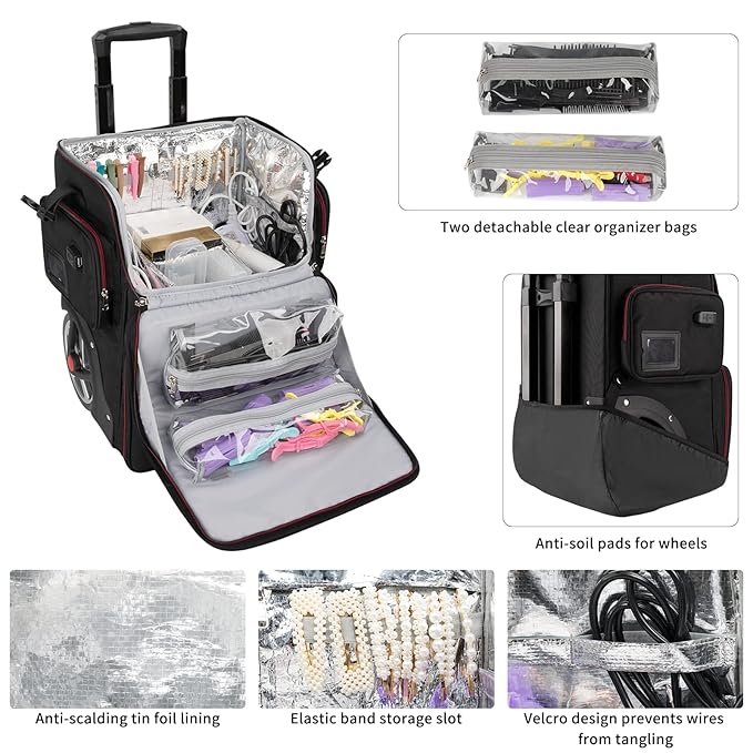 OCHEAL Large Makeup Train Case with 4 Clear Travel Makeup Bags Set, Cosmetic Makeup Case for Hairstylist, Hairdresser Storage Bag with Detachable Pouch,Heat Insulation and Anti-scalding Full layer