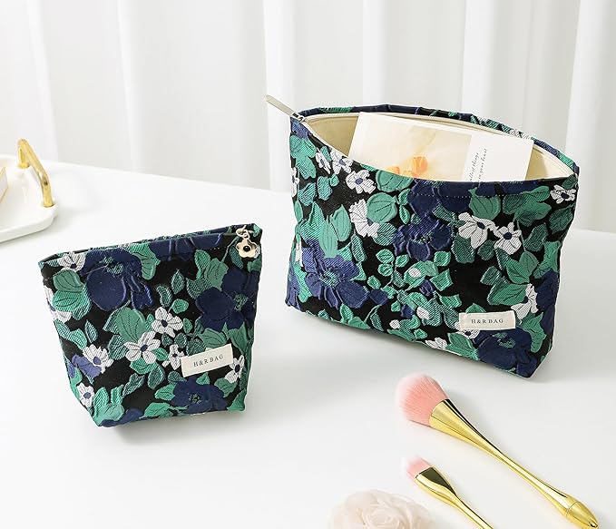 2 Pcs Makeup Bags, Large Cosmetic Bag Travel Toiletry Bag Organizer for Women, Embroidery Craft, Floral Makeup Bag Small Cosmetic Pouch Purse with Zipper Gifts for Girls Teen