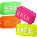 Remerry 4 PCS Nylon Cosmetic Bags Waterproof Spacious Travel Makeup Organizer for Women Chenille Letter Preppy Zipper Pouch Face Stuff Skin Hair Organizer Gift(Fluorescent Colors)