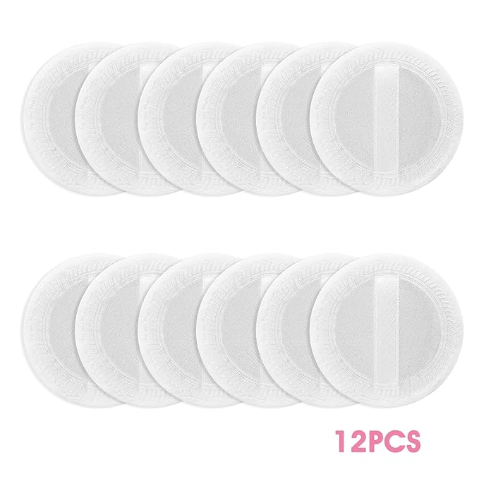 Sibba Loose Powder Puff 12 Pieces Round Velour Face Makeup Compact Body Container Setting Pressed Blending Foundation Cream Make Up Ribbon Strap Sponge Cushion Applicator (White)