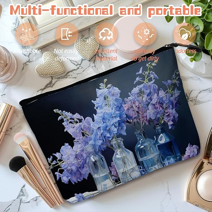 Cosmetic Bags Travel Makeup Toilet Case Waterproof Pouch for Women Girls 6.7X9.45inches - Still - Life of Blue - Purple Flowers in Glass Bottles