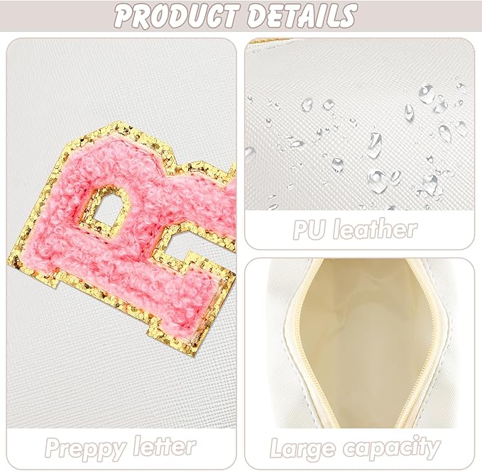 Initial Makeup Bag Personalized Preppy Travel Small Cosmetic Bag Cute PU White Chenille Letter Makeup Pouch for Purse Waterproof Zippered Toiletry Organizer for Women Girls Kids Friends (R)