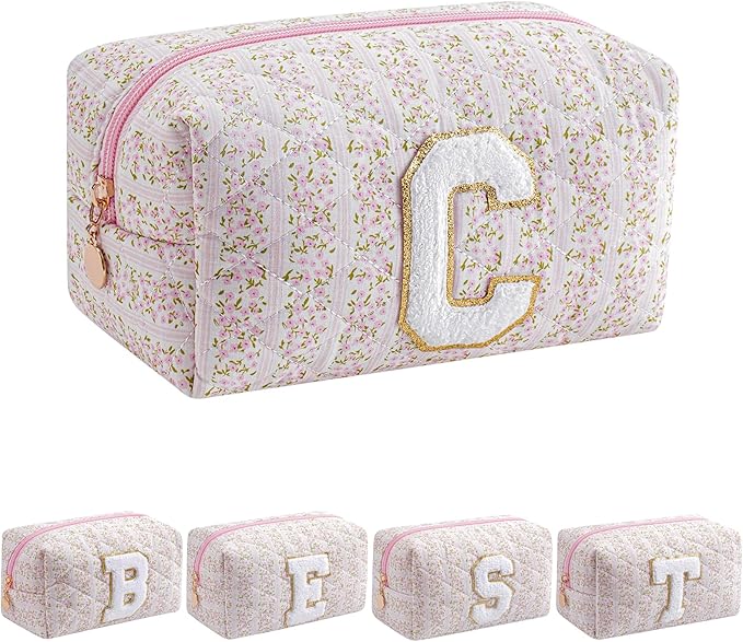 JOVAKIT Makeup Bag Cosmetic Bags for Women, Christmas Gifts for Girls Age 6-18, Alphabet Pink Floral Coquette Zipper Travel Makeup Pouch, Organizer Case Trendy Stuff (Pink Floral C)