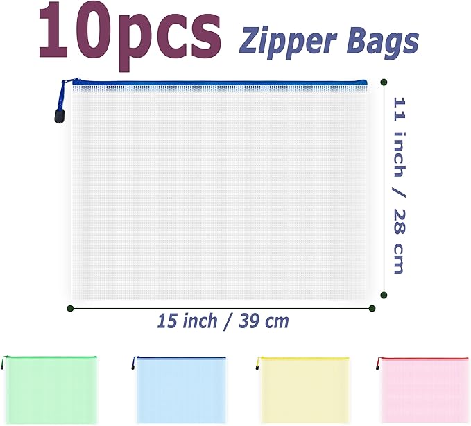 AUSTARK 10 Pcs Zipper File Bags, Waterproof Plastic Mesh Pouch for Office School, Board Game Storage Bags (B4 Size 15''x11'', Multicolored)