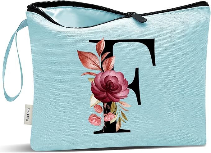 Vavabox A-Z Personalized Makeup Bag, Birthday Gifts for Women Mom, Gifts for Best Friend, Bride Bridesmaid Cosmetic bag (F, Green)