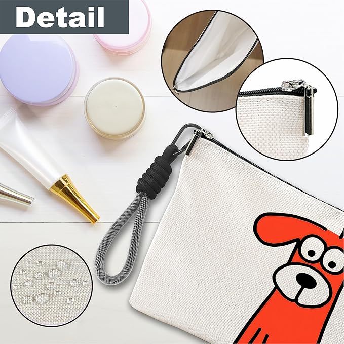 Funny Make Up Bag For Woman, Cosmetic Bag With Hand Strap - Orange Dog - Lined Toiletry Bag - Comic Theme Pouch, Organizer With Zipper, Women Essentials & Accessories - B03
