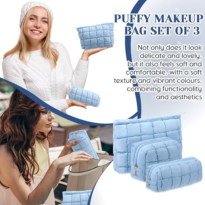 3 Pcs Puffy Makeup Bag Quilted Cosmetic Pouch for Women Cute Checkered Travel Toiletry Bag Puffer Makeup Organizer Purse Pouch Preppy Pencil Case with Zipper