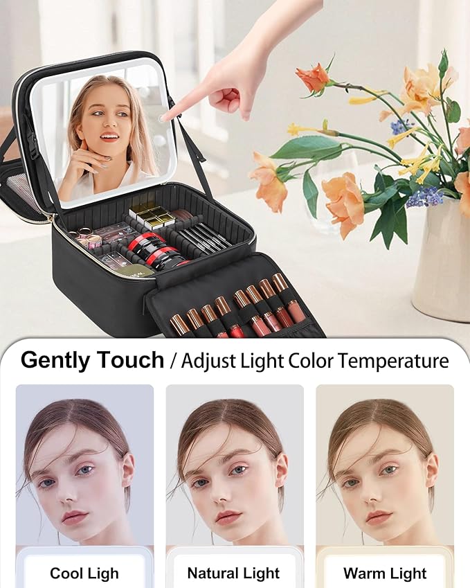 TANTO Travel Makeup Bag with LED Mirror Double Layer Makeup Case with Lighted Mirror Dual Layer Cosmetic Train Case Portable Artist Organizer Bag with Dividers and Rechargeable Vanity (Black, Small)
