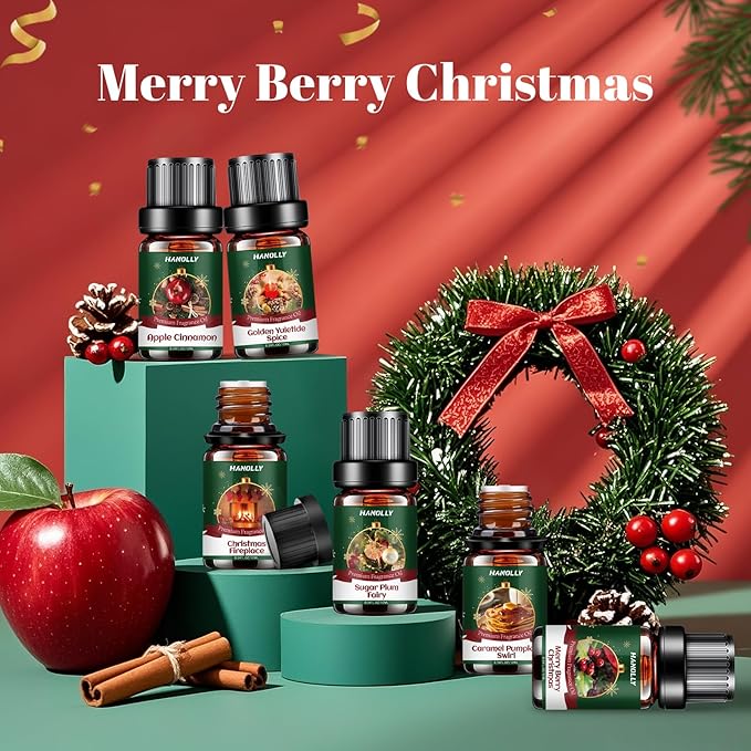 Christmas Fragrance Oil Set, 6 Premium Christmas Essential Oils for Diffuser, Candle Making - Caramel Pumpkin Swirl, Apple Cinnamon, Merry Berry Christmas, Christmas Fireplace Scented Oil Gift Set