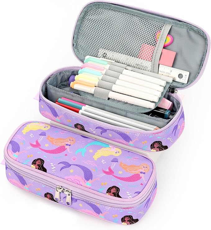 mibasies Girls Pencil Case for Kids, Multi-Slot Pencil Pouch, Mermaid Purple