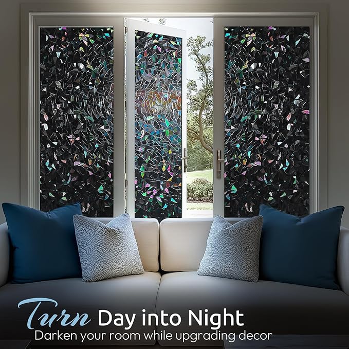 rabbitgoo Window Privacy Film Rainbow Film Decorative Window Sticker, 3D Static Stained Glass Cling Tint for Room Darkening Day Sleep, Black, 23.6 x 78.7 inches