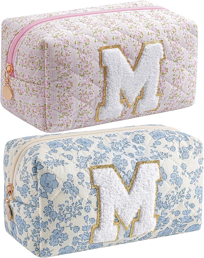 JOVAKIT Makeup Bag Cosmetic Bags for Women, Christmas Gifts for Girls Age 6-18, Alphabet Pink Floral Coquette Zipper Travel Makeup Pouch, Organizer Case Trendy Stuff (Pink+ Blue M)