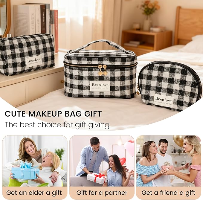 FAELBATY Makeup Bags for Women, 3 PCS Large Travel Makeup Bag Set, Checkered Fabric Cosmetic Bag for Toiletry (Black)