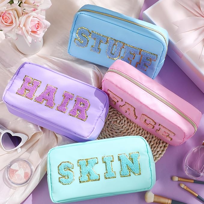 Remerry 4 PCS Nylon Cosmetic Bags Waterproof Spacious Travel Makeup Organizer for Women Chenille Letter Preppy Zipper Pouch Face Stuff Skin Hair Organizer Gift(Light Blue, Green, Purple, Pink)