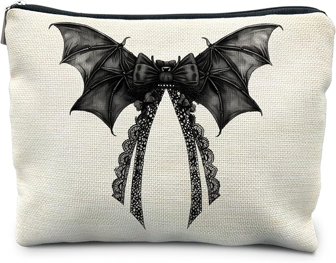 Halloween Coquette Lace Bow Bat Cosmetic Bag - Gothic Black, Girly Makeup Pouch