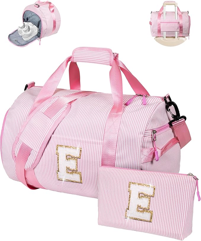 Gifts for Teenager, Girls Travel Duffle Bag, Kids Initial Overnight Bags with Shoe Compartment, Personalized Weekender Bag with Makeup Pouch, Teen Girl Gift (Letter E)