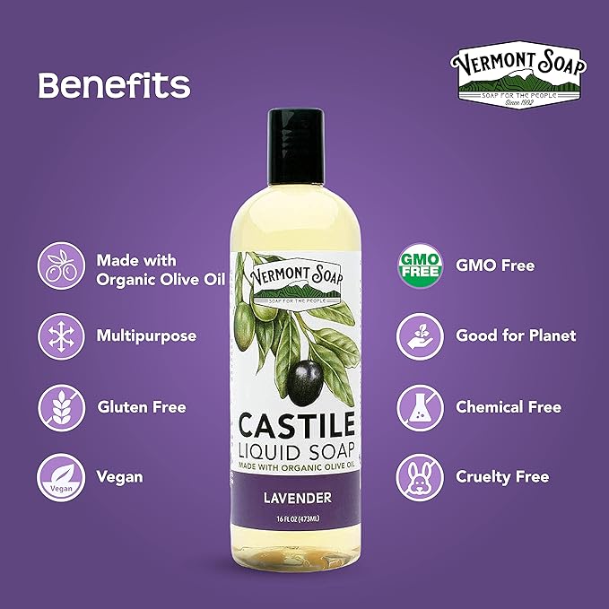 Vermont Castile Soap Lavender, Gentle Liquid Soap for Sensitive Skin & Natural Body Wash, Organic Hair Shampoo for Oily Hair, Aloe Castile for Men & Women - 16 Oz