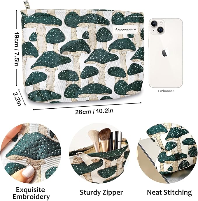 STARDW Cute Makeup Bag Aesthetic Cosmetic Bags for Women Girls, Travel Toiletry Bag Large Capacity Zipper Makeup Pouch, Purse Organizer Pouches,Canvas Lining (Green Mushroom)