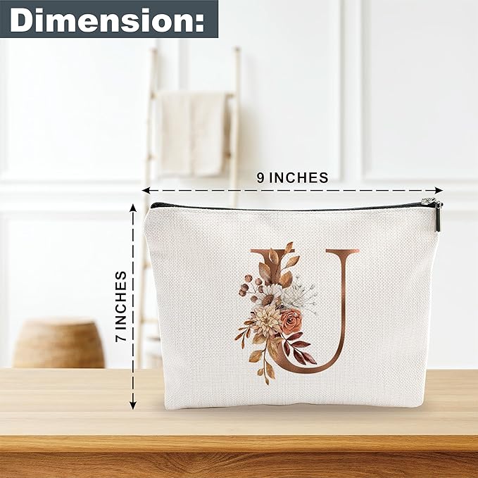A-Z Boho Personalized Cosmetic Bag-Floral Cotton Letter Makeup Bag With Zipper-Artistic Cosmetic Bag For Travel-Bride,Birthday Gift For Women Daughter Friends-Women Makeup Organizer-A21