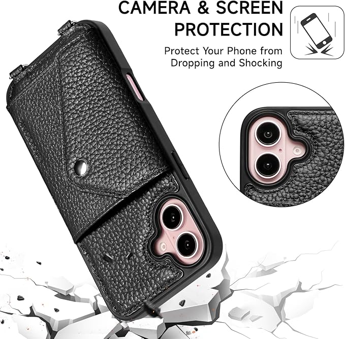 LUCKYCOIN Crossbody Wallet Phone Case for iPhone 16 Plus,100% Genuine Leather Wallet Phone Case with Expandable Flip Card Holder,Phone Purse for Women with Adjustable Removable Strap - Pebble Black