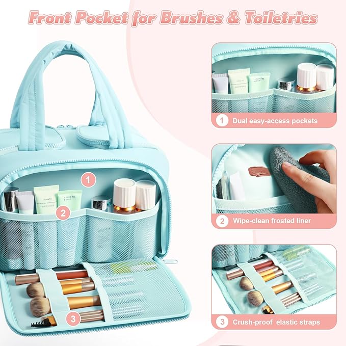 Travel Toiletry Bag:  Large Capacity, 4 Compartments, Wet/Dry Separation, Ultra-Soft Lightweight Fabric & Anti-Spill Design for Travel,Gym,Gift(11.8" L) (Sea Salt Blue)
