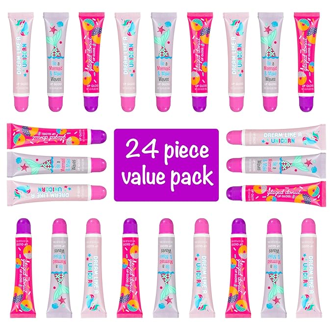 EXPRESSIONS 24pc Lip Gloss Kit - Unicorn Gifts Girls Teens Party Favors Makeup Collection Flavored Fruity Assorted Colors Non Toxic Set