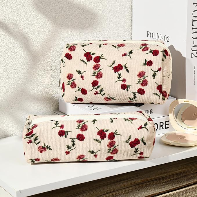 SOIDRAM Makeup Bag Floral Cosmetic Bag Cute Makeup Pouch 1Pcs Large Capacity Makeup Bags and 1Pcs Makeup Brushes Storage Bag Travel Toiletry Bag Organizer