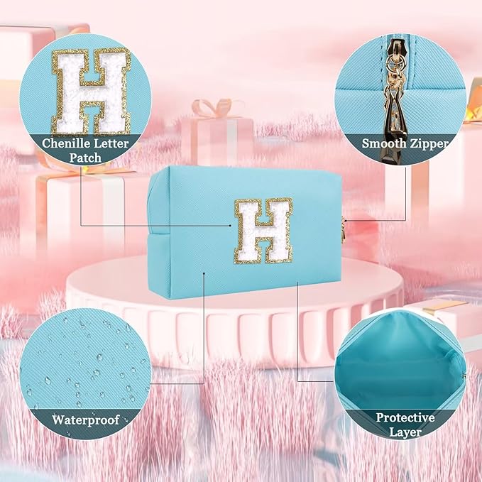 Small Personalized Letter Makeup Bag, Cute PU Leather Chenille Letters Cosmetic Bag Travel Makeup Pouch, Preppy Travel Organizer Zipper Pouch for Women&Girls（Blue-H）