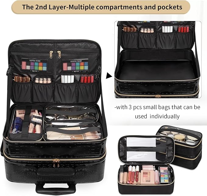 OCHEAL Rolling Makeup Train Case, 18" Carry On Travel Cosmetic Organizer Suitcase,Extra Large Trolley Makeup Storage Case On Wheels,3 Layers with 3pcs Traveling Bags for Hairstylist Cosmetology Artist