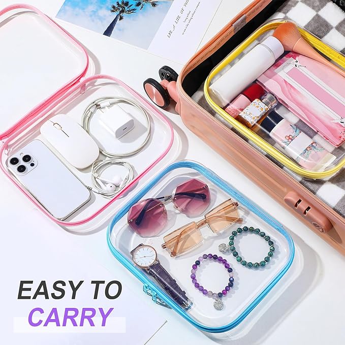 Sanwuta 6 Pcs Clear Hard Zipper Case Hard Plastic Zipper Pouches Makeup Bag Pencil Pouches Transparent Cases for Snacks Plastic Storage Organizer Box for Travel(Colorful,9.84 x 7.87 x 2 Inch)