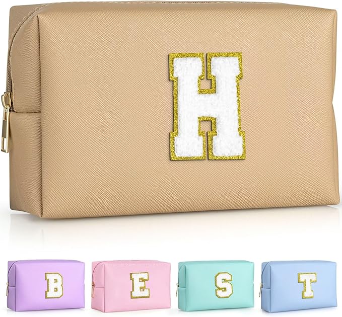 TOPEAST Preppy Bag, Monogrammed Makeup Bags with Zipper, Cute Makeup Pouch, Initial Birthday Gifts Bag for Daughter Friends Sister, Preppy Things for Girls (Khaki H)