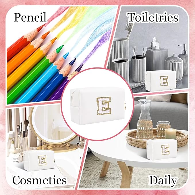 Small Personalized Letter Makeup Bag, Cute PU Leather Chenille Letters Cosmetic Bag Travel Makeup Pouch, Preppy Travel Organizer Zipper Pouch for Women&Girls（White-E）